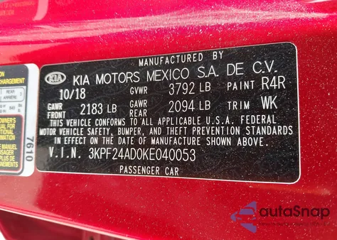 2019 Kia Forte Lxs z USA, uszkodzony, nr VIN 3KPF24AD0KE040053